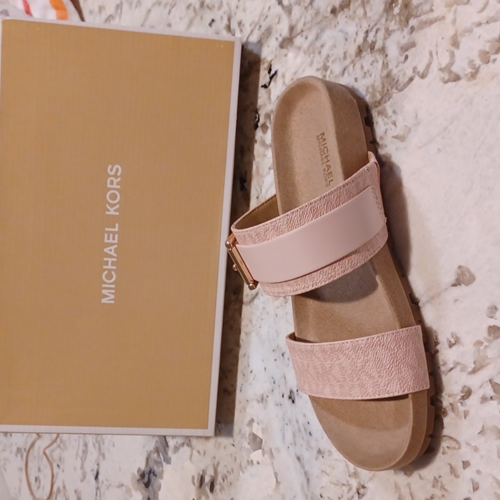 Michael Kors Blush Pink Mylah MK Signature Print Slide Sandals NEW SZ 6.5 - Picture 4 of 14
